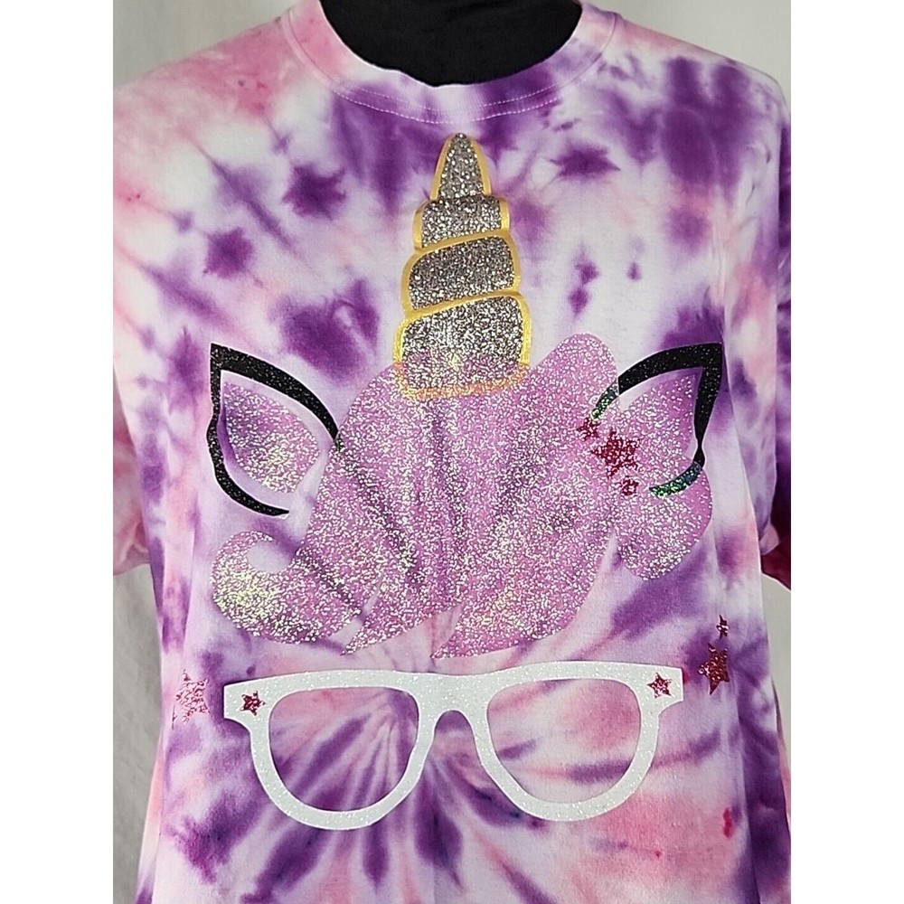 Tie Dye Hipster Unicorn Purple Pink Glitter Graphic Large T Shirt Fantasy Magic - Picture 2 of 10